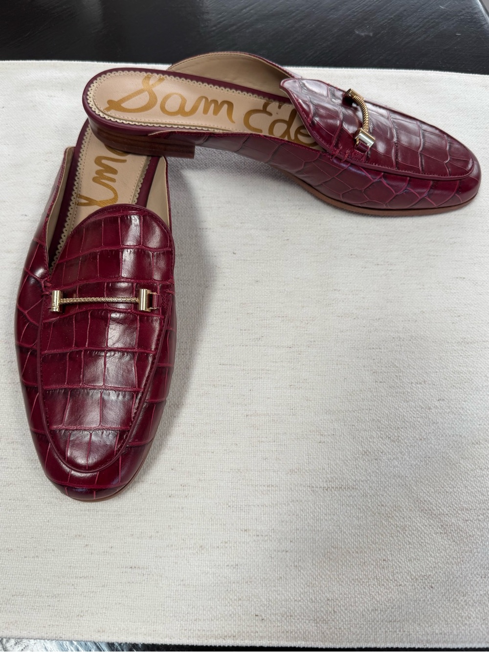 Sam Edelman Burgundy Croc-Embossed Leather Backless Loafers with Gold Accent
